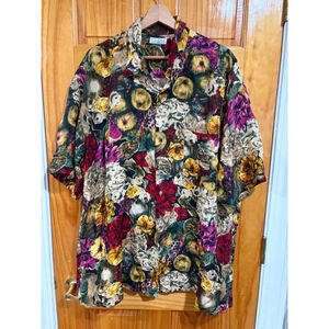 VINTAGE BURMA BIBAS 100% Silk Floral Painterly Button Shirt Top XL Made in Korea